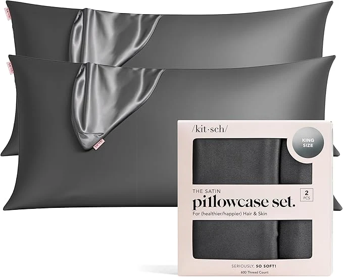 Authentic Kitsch Satin Pillowcase with Zipper for Hair amp Skin - Softer Than Silk Pillow Cases Smooth Cooling Satin Pillow Case Wrinkle- Machine Washable King Size Satin Pillow Case 19x36 Charcoal 2pc Powerful