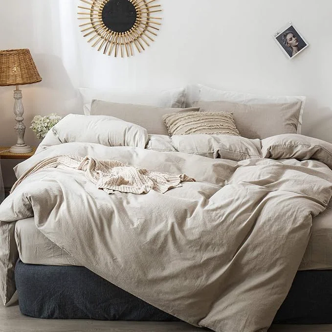 Authentic MooMee Bedding Duvet Cover Set Washed Cotton Linen Like Textured Breathable Durable Soft Comfy Heathered Tannish Linen Grey Oversized Queen 98 quot x98 quot Advanced