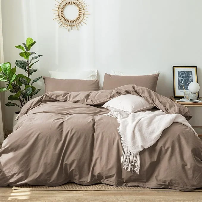 Proven MooMee Bedding Duvet Cover Set Washed Cotton Linen Like Textured Breathable Durable Soft Comfy Solid Brown Super King 108 quot x98 quot User-Friendly