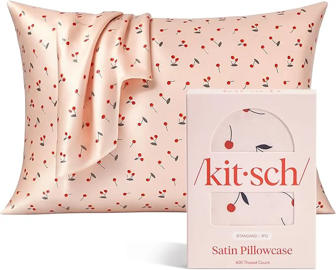 Practical Kitsch Satin Pillowcase with Zipper for Hair amp Skin - Softer Than Silk Pillow Cases Smooth Cooling Satin Pillow Case Wrinkle- Machine Washable Pillow Cases Standard Size 19x26 - Cherry Print Eco-Friendly