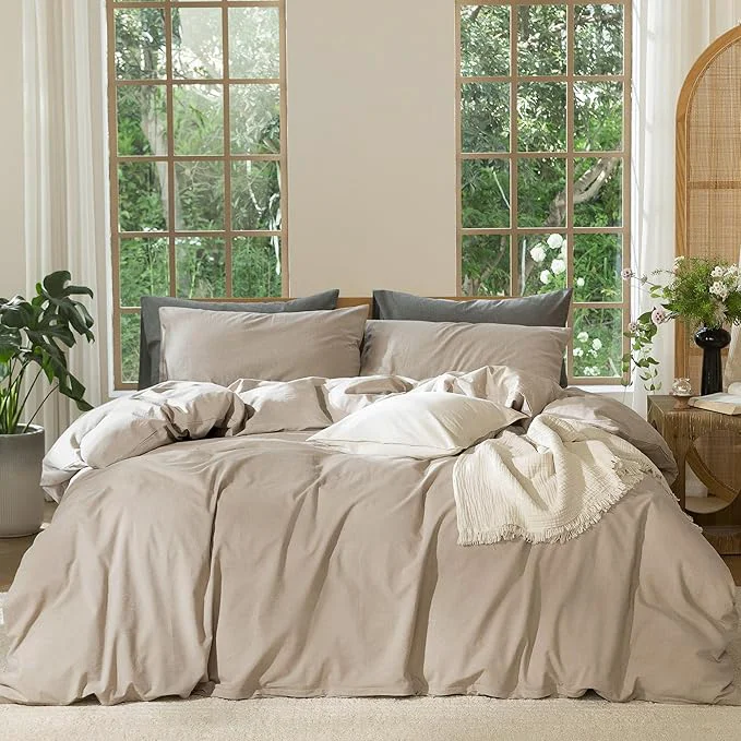 Verified MooMee Bedding Duvet Cover Set Washed Cotton Linen Like Textured Breathable Durable Soft Comfy Heathered Taupe Palatial King Oversized King 120 quot x98 quot