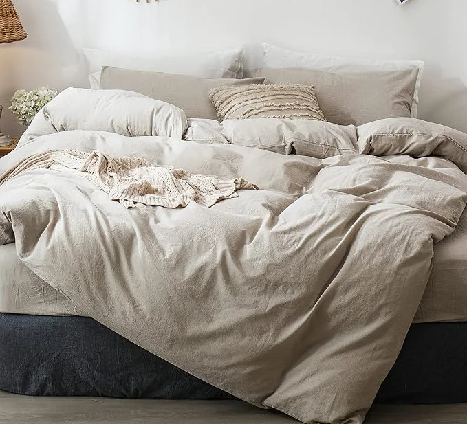 Secure MooMee Bedding Duvet Cover Set Washed Cotton Linen Like Textured Breathable Durable Soft Comfy Heathered Tannish Linen Grey King 104 quot x90 quot Crafted