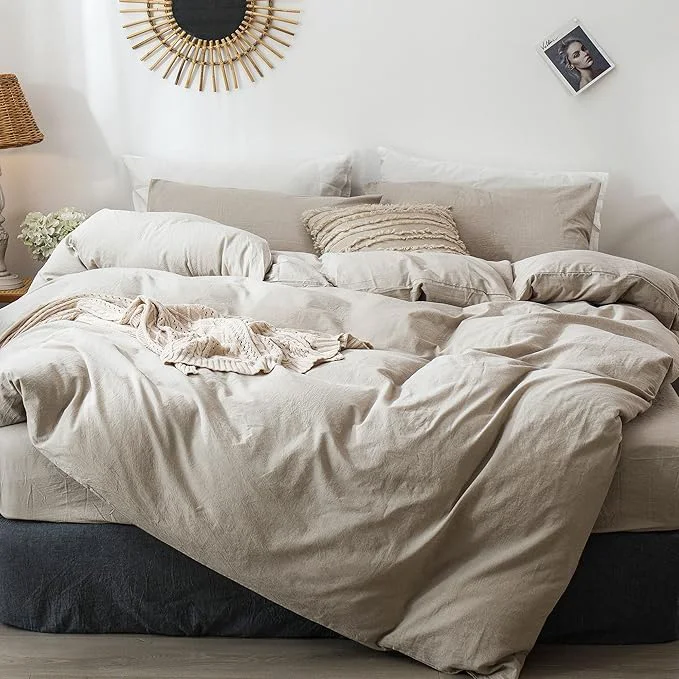 Fashionable MooMee Bedding Duvet Cover Set Washed Cotton Linen Like Textured Breathable Durable Soft Comfy Heathered Tannish Linen Grey Oversized Full 82 quot x86 quot Versatile