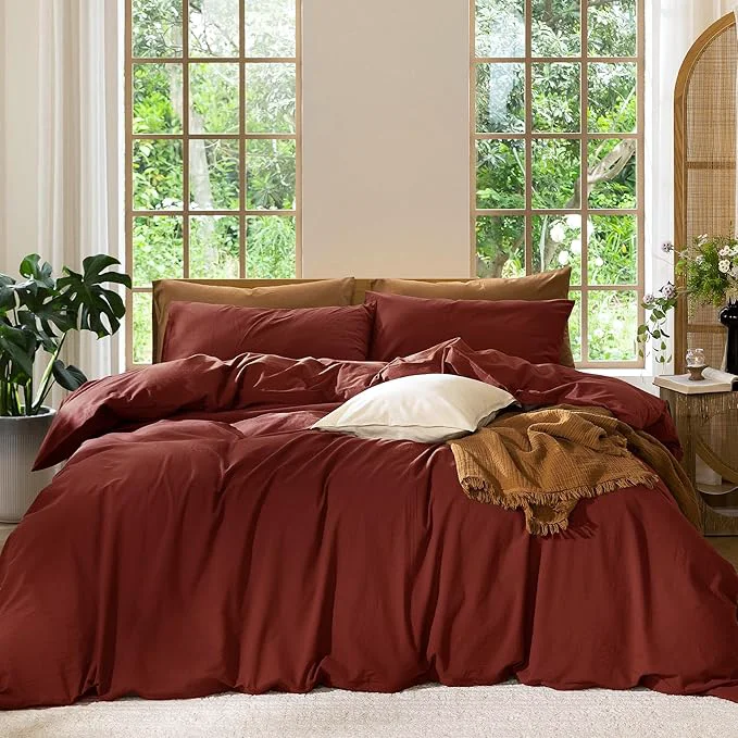 Crafted MooMee Bedding Duvet Cover Set Washed Cotton Linen Like Textured Breathable Durable Soft Comfy Solid Fired Brick Red Twin 68 quot x90 quot Clean
