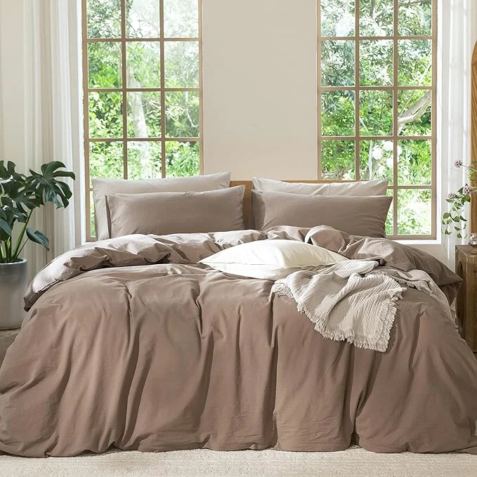 Detailed MooMee Bedding Duvet Cover Set Washed Cotton Linen Like Textured Breathable Durable Soft Comfy Solid Brown Oversized King Plus 128 quot x120 quot Relaxed