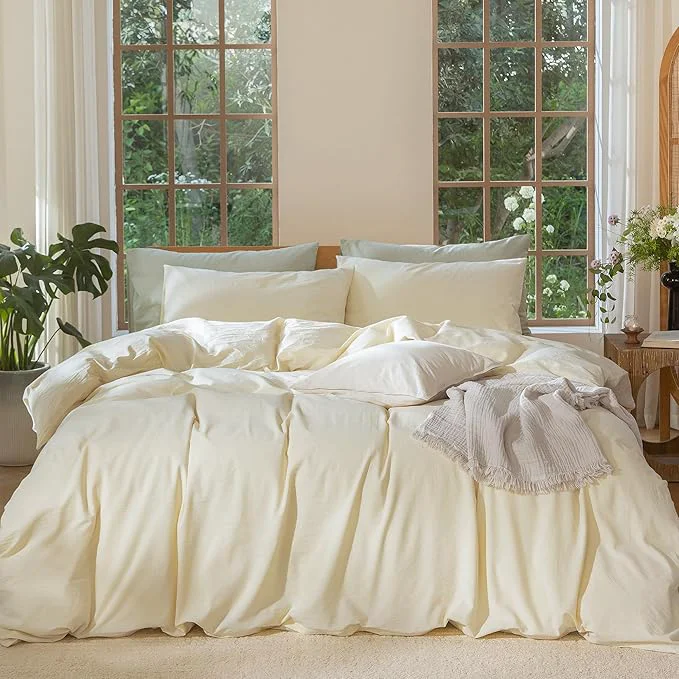 Official MooMee Bedding Duvet Cover Set Washed Cotton Linen Like Textured Breathable Durable Soft Comfy Solid Cream Palatial King Oversized King 120 quot x90 quot Elite