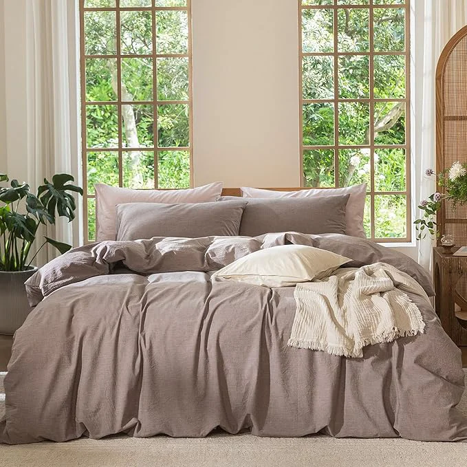 Stylish MooMee Bedding Duvet Cover Set Washed Cotton Linen Like Textured Breathable Durable Soft Comfy Heathered Mauve Brown Oversized King Plus 128 quot x120 quot Detailed