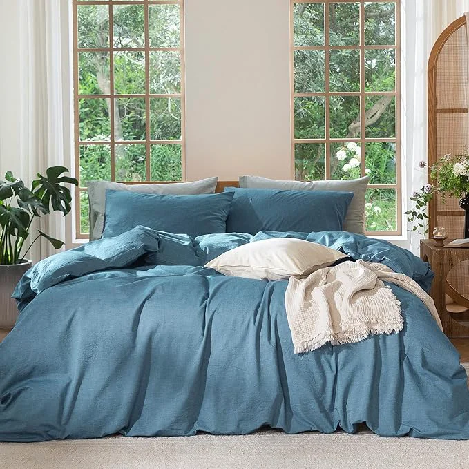 Original Design MooMee Bedding Duvet Cover Set Washed Cotton Linen Like Textured Breathable Durable Soft Comfy Heathered Peacock Blue Full 80 quot x90 quot Dependable