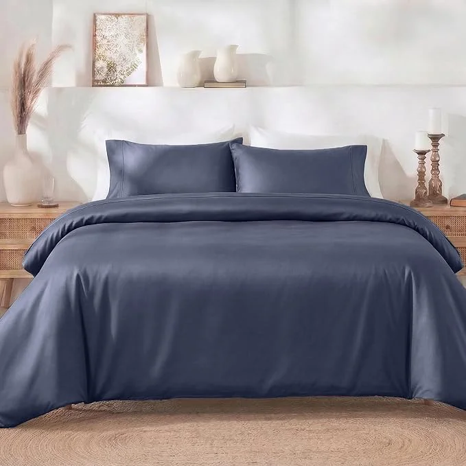 Green California Design Den 3 Pc King Duvet Cover Set - Winner Good Housekeeping Bedding Awards 2025 400 Thread Count Sateen Cotton Duvet Cover Button Closure Corner Ties - Indigo Dusty Blue Fast