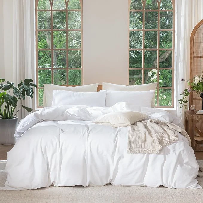 Advanced MooMee Bedding Duvet Cover Set Washed Cotton Linen Like Textured Breathable Durable Soft Comfy Solid Bright White Super King 108 quot x98 quot Convenient