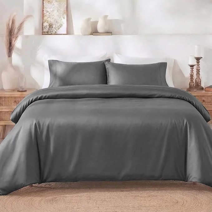 Practical California Design Den 3 Pc Full Queen Size Duvet Cover Set - Winner Good Housekeeping Bedding Awards 2025 400 Thread Count Sateen Cotton Duvet Cover Queen Button Closure Corner Ties -Grey Healthy