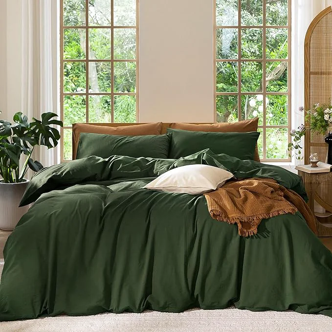 Easy-to-Use MooMee Bedding Duvet Cover Set Washed Cotton Linen Like Textured Breathable Durable Soft Comfy Solid Forest Green Queen 90 quot x90 quot Unique