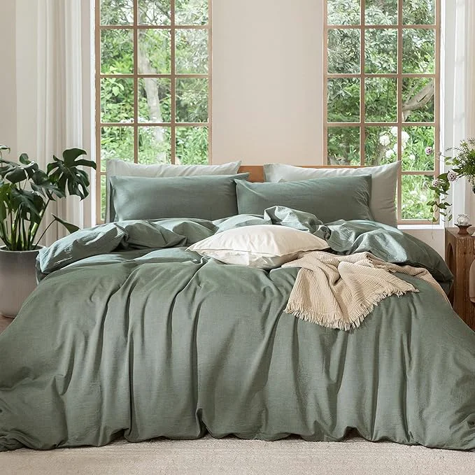 Traditional MooMee Bedding Duvet Cover Set Washed Cotton Linen Like Textured Breathable Durable Soft Comfy Heathered Green Oversized Full 82 quot x86 quot Fashionable