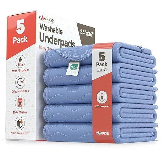High-Quality Washable Underpads Large 34 quot x36 quot Pack of 5 – Reusable Waterproof Bed Pads for Adults amp Seniors Extra Heavy Absorbency Incontinence amp Bedwetting Pads Soft Non-Slip TPU Backing Blue. Exceptional
