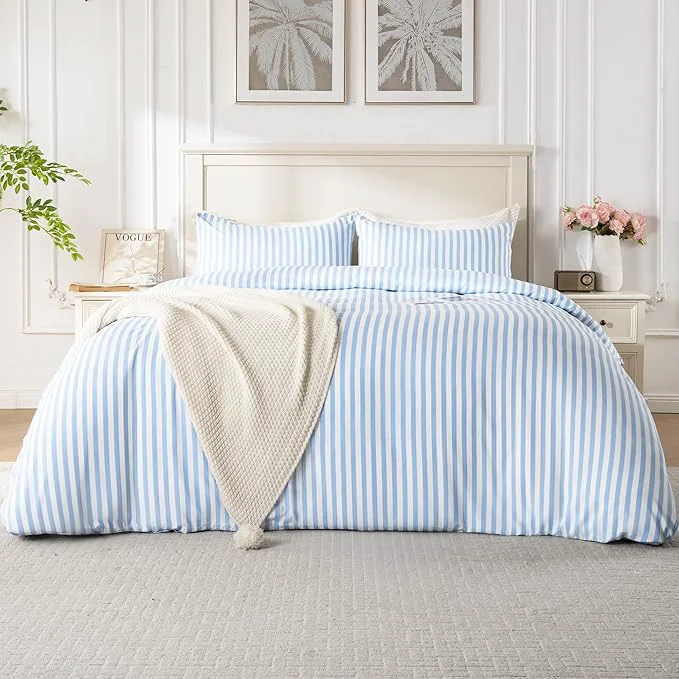 Comfortable ROSE amp RISY Blue Queen Duvet Cover Set 3 Pieces Soft Bedding Queen Set Breathable and Cooling Includes 1 Duvet Cover 2 Pillow Cases Blue Stripe Queen Healthy