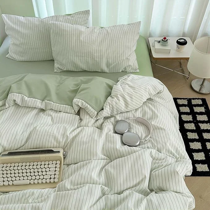 High-End Nayoroom Green Striped Duvet Cover Queen Size Washed Cotton Duvet Cover Linen Like Textured Reversible 3 Pieces Soft Breathable Yarn-Dyed Stripe Girls Dorm Bedding Set for All Seasons Trusted