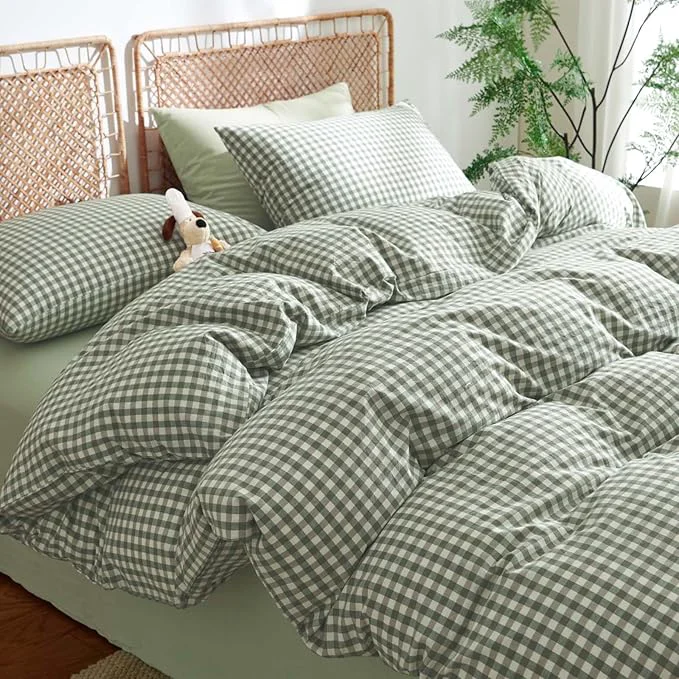 Professional Nayoroom Gingham Duvet Cover King Size Washed Cotton Green Plaid Checkered Comforter Cover 3 Pcs Soft Breathable Grid Farmhouse Dorm Bedding Set for All Seasons Enhanced