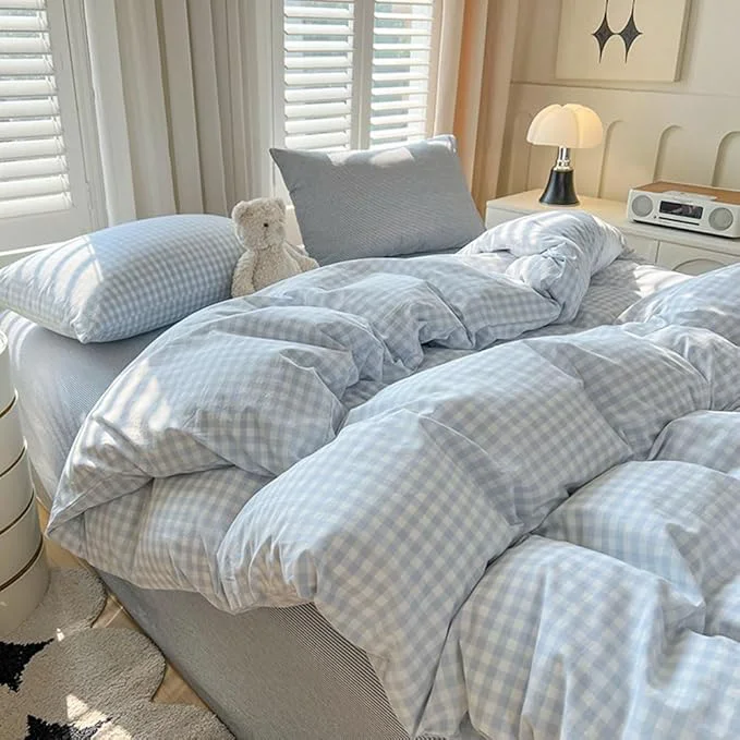 World-Class Nayoroom Gingham Duvet Cover Queen Size Blue White Plaid Checkered Comforter Cover 3 Pcs Soft Breathable Washed Microfiber Grid Farmhouse Bedding Set with Pillow Shams Natural
