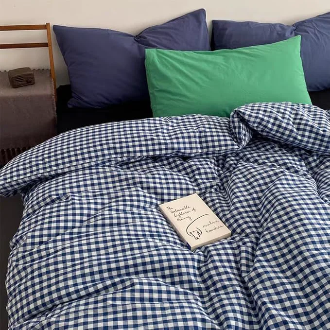 Detailed Nayoroom Navy Blue Gingham Duvet Cover Queen Size Washed Cotton Plaid Checkered Duvet Cover 3 Pieces Soft Breathable Grid Farmhouse Dorm Bedding Set for All Seasons Powerful