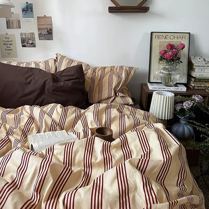 High-Grade Nayoroom Striped Duvet Cover Twin Size Vintage Brown Striped Duvet Cover 2 Pieces Washed Cotton Soft Breathable Girls Dorm Bedding Set for Hot Sleepers High-Quality