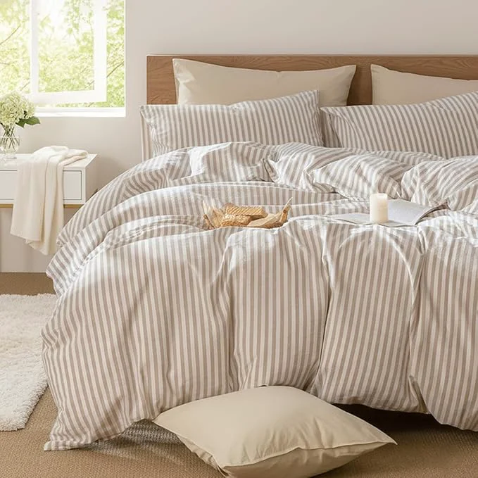Advanced Nayoroom Striped Duvet Cover Queen Size - Washed Cotton White Duvet Cover with Brown Stripes Pattern 3 Pieces Soft Breathable Girls Dorm Bedding Set for Hot Sleepers Yarn Dyed Process Proven