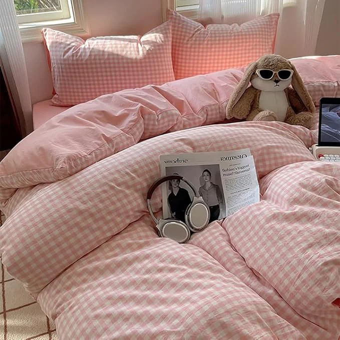 Recyclable Nayoroom Gingham Duvet Cover King Size Reversible Pink Plaid Checkered Duvet Cover 3 Pieces Soft Breathable Washed Microfiber Girls Dorm Bedding Set for All Seasons Functional