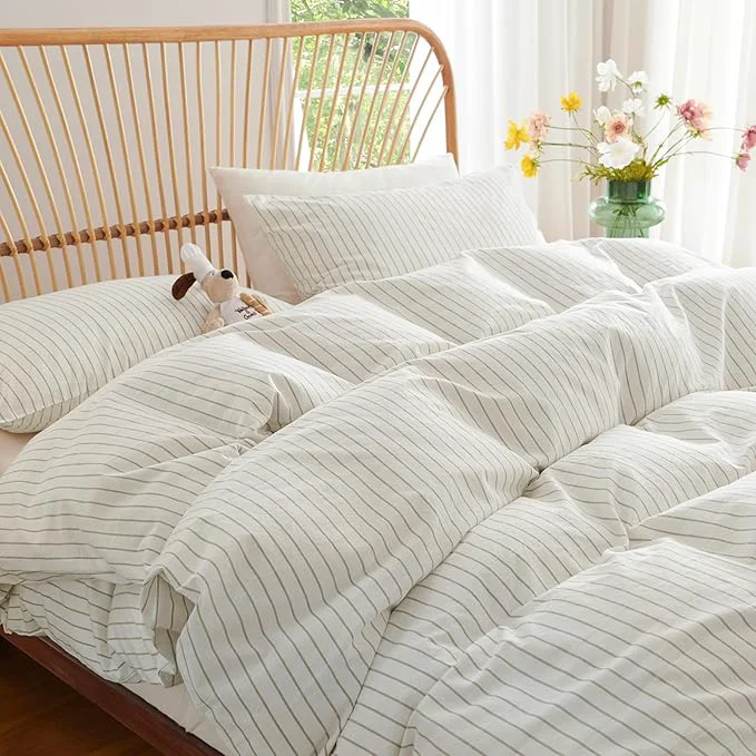Refined Nayoroom Striped Duvet Cover Queen Size Washed Cotton White Brown Stripe Duvet Cover 3 Pieces Soft Breathable Girls Dorm Bedding Set for All Seasons Yarn Dyed Process Verified