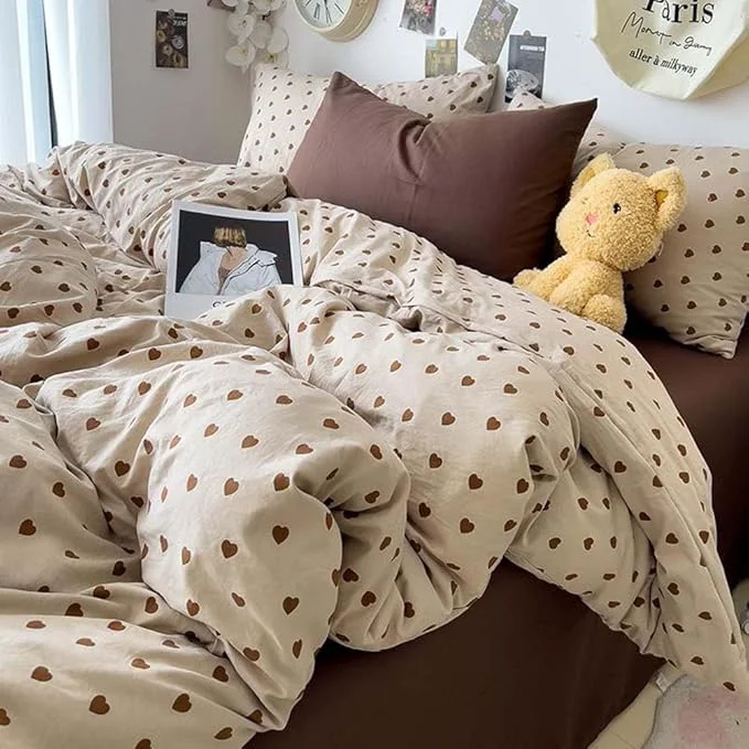 Original Design Nayoroom Brown Heart Duvet Cover Queen Size Vintage Hearts Printed on Taupe Comforter Cover Kids Girls 3 Pcs Soft Microfiber Farmhouse Bedding Set with Zipper Closure Green