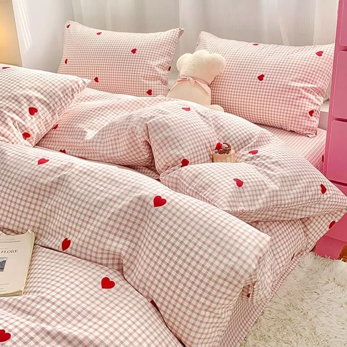 Dependable Nayoroom Gingham Duvet Cover Queen Size Pink Plaid Red Heart Printed on White Bedding Set 3 Pcs Kids Girls Cute Heart-Shaped Comforter Cover with Zipper Closure Soft Breathable Microfiber Smart