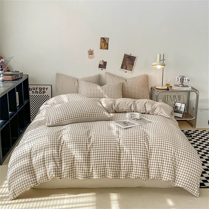Carefully Designed Nayoroom Gingham Duvet Cover Twin Size Brown Tan Plaid Checkered Comforter Cover 2 Pieces Soft Lightweight Washed Microfiber Farmhouse Grid Dorm Bedding Set with Pillowcases Authentic