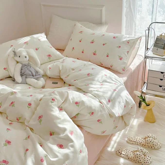 Secure Nayoroom Pink Floral Duvet Cover Twin Size Cute Tulip Printed on White Comforter Cover 2Pcs Kids Girls Kawaii Cottagecore Bedding Set with Zipper Closure Soft Breathable Microfiber Convenient