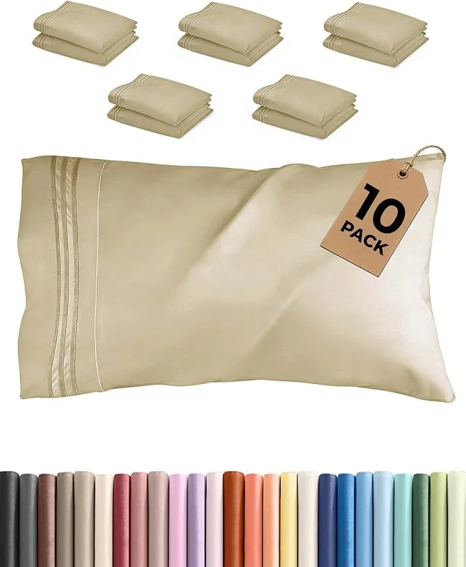 Responsible Queen Pillow Cases Set of 10 - Ultra Soft Hotel Quality Pillowcase Covers - Comfy amp Wrinkle - Shrink Stain and Fade Resistant - Easy-Care Machine Washable Pillow Protectors - 10 Pcs Set - Beige Solid