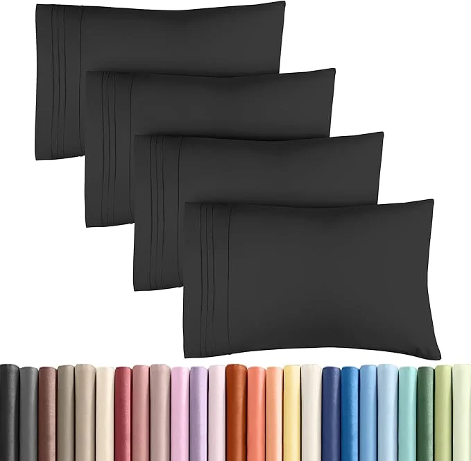 Safe King Pillow Cases Set of 4 - Ultra Soft Hotel Quality Pillowcase Covers - Comfy Cozy amp Wrinkle - Shrinkage Stain and Fade Resistant - Machine Washable Pillow Protectors - 4 Piece Set - Black Detailed