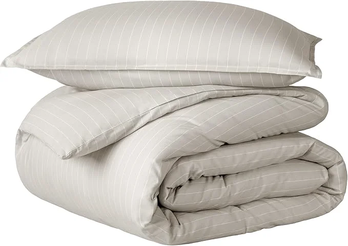 Optimized Bare Home Bedding Duvet Cover Extra Long Size - Premium 1800 Super Soft Collection - Lightweight Cooling - Soft Textured Twin Twin XL Pinstripe - Stone White Dependable