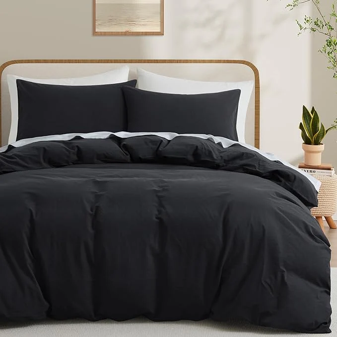 Safe LOVQUE Washed Cotton Duvet Cover Set King Size Linen Like Natural Bedding Set with Zipper Closure No Comforter 104x90 Inches Black Next-Generation