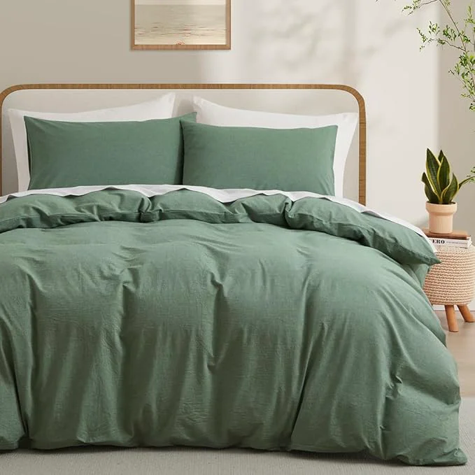 Fast LOVQUE Washed Cotton Duvet Cover King Size Mint Green Fade-Resistant Natural Bedding Set No Comforter 104x90 Inches Effective