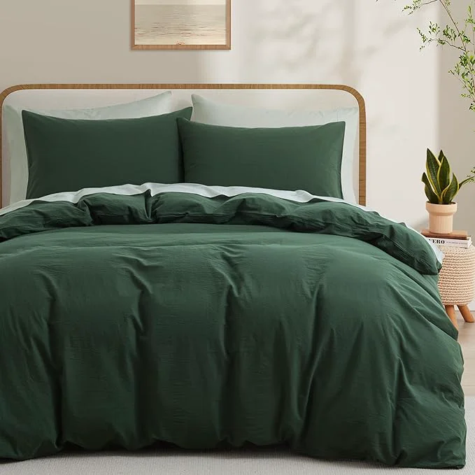 Stylish LOVQUE Washed Cotton Duvet Cover Set King Size Linen Like Natural Bedding Set with Zipper Closure No Comforter 104x90 Inches Forest Green Refined