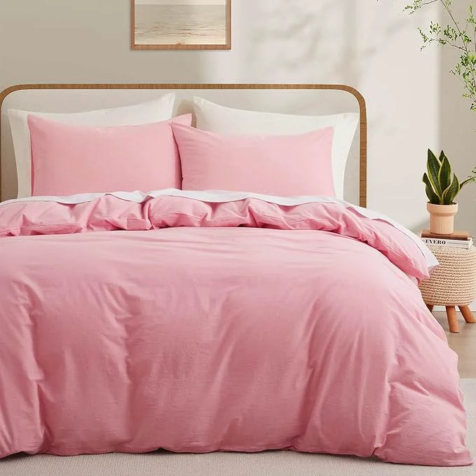 Genuine LOVQUE Pink Duvet Cover Full Size Washed Cotton Linen Like Bedding Set with Zipper Closure No Comforter 80x90 Inches Elite