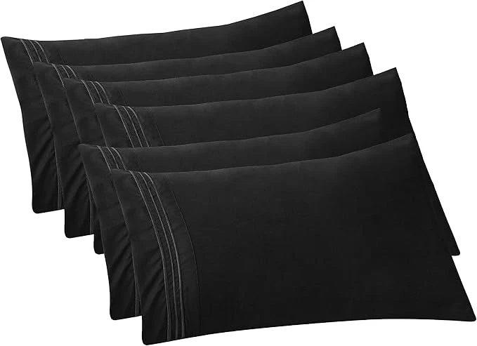 Secure Elegant Comfort 6-PACK Solid Pillowcases 1500 Premium Hotel Quality Microfiber - Smooth Weave Wrinkle and Stain Resistant Easy Slip-On 6-Piece Set King Pillowcase Black