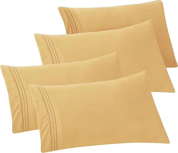 Genuine Elegant Comfort 4-PACK Solid Pillowcases 1500 Premium Hotel Quality Microfiber - Smooth Weave Wrinkle and Stain Resistant Easy Slip-On 4-Piece Set King Pillowcase Gold Lightweight
