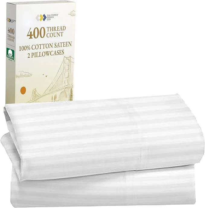 Original California Design Den King Size Pillowcase Set - 400 Thread Count Cotton Sateen Set of 2 Pillow Covers Soft and Breathable - Striped Bright White High-Performance