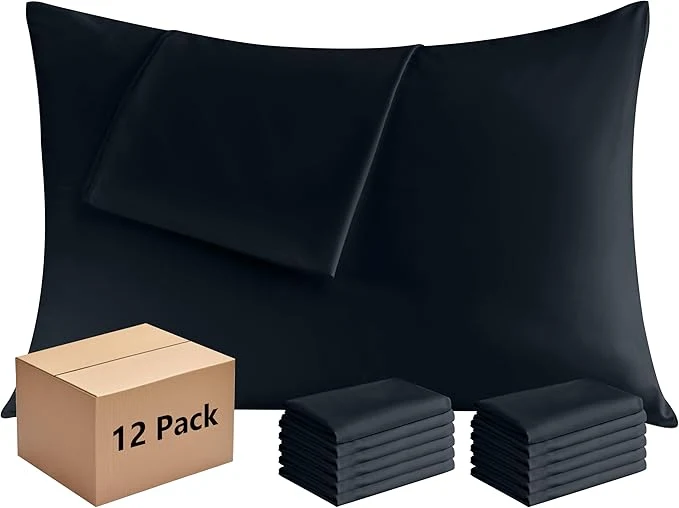 Reusable Pillowcases Queen 12 Pack 20x30 Pillow Cases with Envelope Closure Soft Plain Brushed Microfiber Covers Breathable Wrinkle-Resistant Black Practical