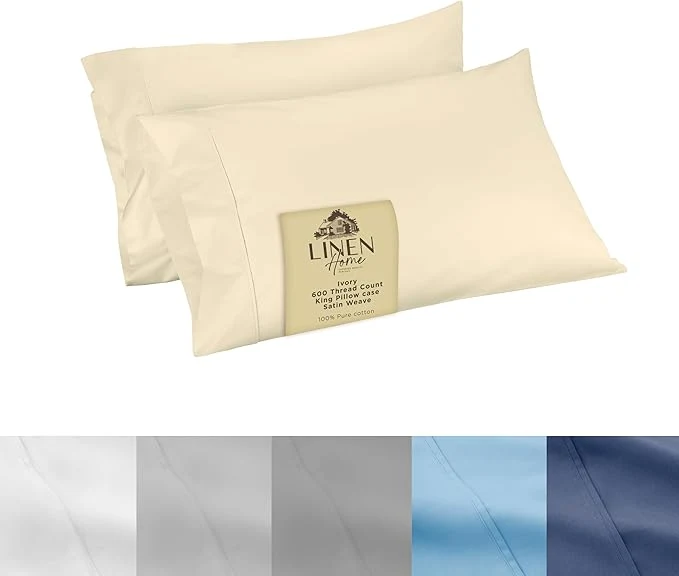 Trendy Linen Home 600 Thread Count King Pillowcase Set Long-Staple Cotton Pillow Cases Soft amp Smooth Luxury Satin Set of 2 Pillowcases 4 Inch Z Hem Ivory Classic