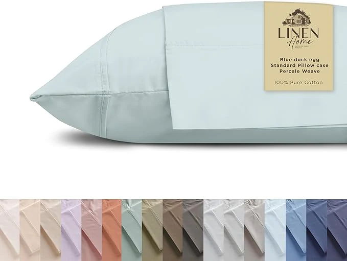 Effective Linen Home Cotton Percale Pillowcases Queen Size Blue Duck Egg 2 Pieces of Pillow Case Crisp and Cool Strong Bed Linen 20 inches X 30 inches Versatile