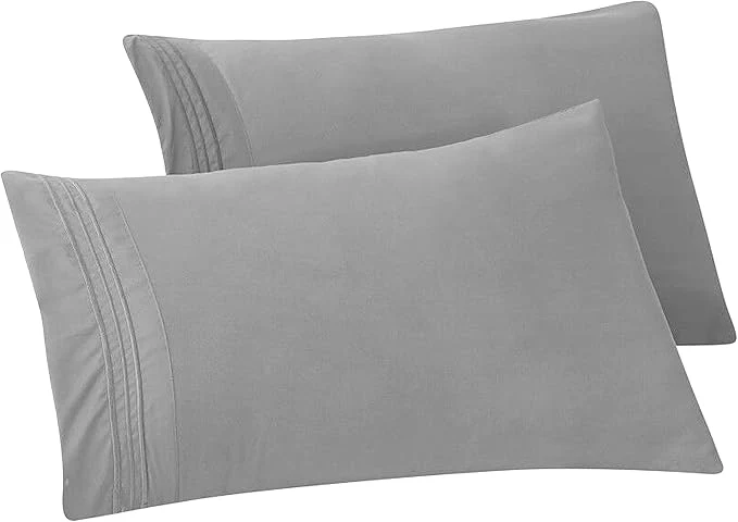 Efficient Elegant Comfort Solid Pillowcases 1500 Premium Hotel Quality Microfiber - Smooth Weave Wrinkle and Stain Resistant Easy Slip-On 2-Piece Set Standard Queen Pillowcase Silver Original Design