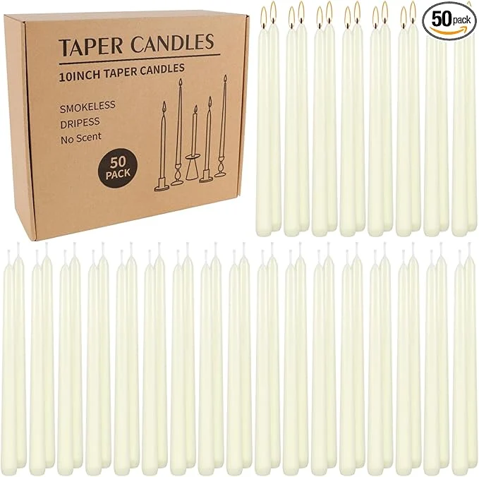 Minimalist WPONSZU 50 Pack Ivory Taper Candles 7-8 Hours Burn Time Smokeless and Dripless Soft