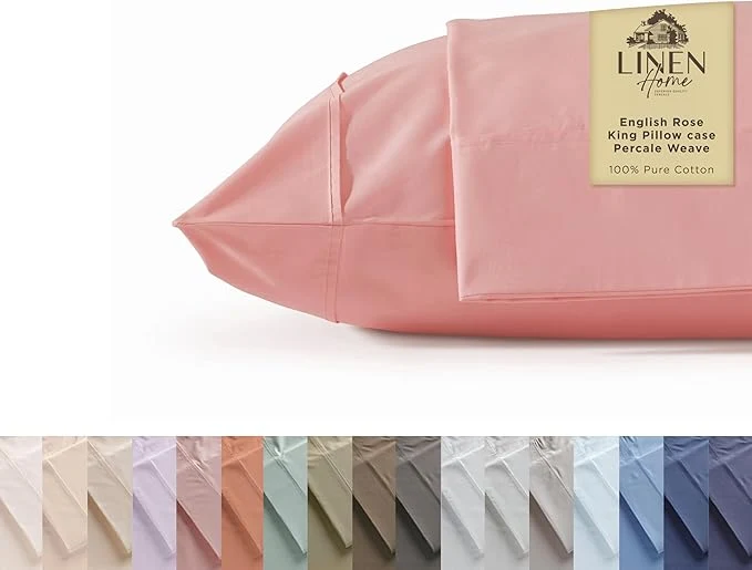 Selected Linen Home Cotton Percale Pillowcases King Size English Rose 2 Pieces of Pillow Case Crisp and Cool Strong Bed Linen 20 inches X 40 inches Relaxed