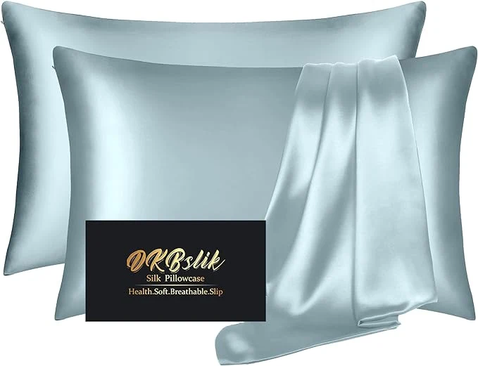 Fine Silk Pillowcase 2 Pack Mulberry Silk Pillow Cases Queen Size Set of 2 Anti Acne Silk Pillowcase for Hair and Skin Natural Silk Satin Pillowcases Gifts for Women Men 2 Pack with Zipper Aqua Blue Professional