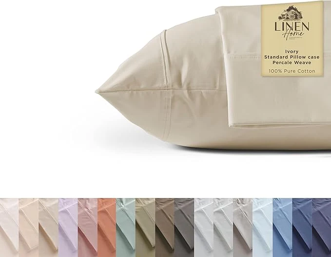 Reliable Cotton Percale Pillowcases Queen Size Set of 2 - Crisp amp Cooling Breathable Long-Staple Combed Cotton Z-Hem Stitch - Ivory Linen Home Exclusive