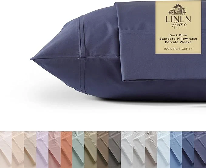 Flexible Linen Home Cotton Percale Pillowcases Queen Standard Size Dark Blue 2 Pieces of Pillow Case Crisp and Cool Strong Bed Linen 20 inches X 30 inches Prestigious